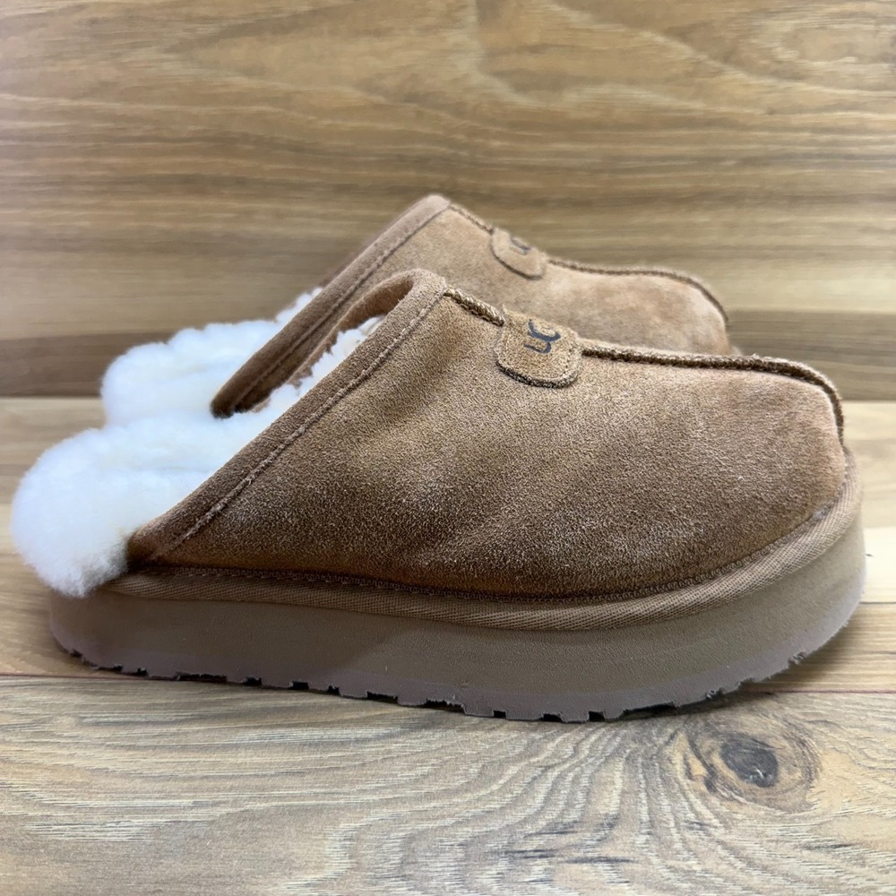 UGG Discoquette Slippers Womens 6 Chestnut Suede Sherpa Shearling Lined Platform
